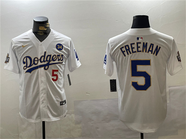 Los Angeles Dodgers #5 Freddie Freeman White Gold 2024 World Series With No. 34 Patch Home Limited Stitched Jersey - Click Image to Close